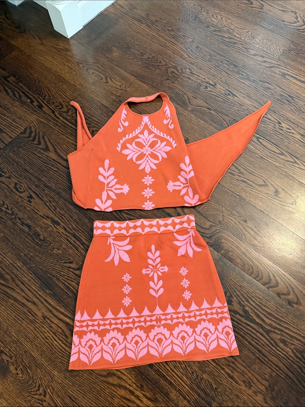Misa Los Angeles Orange Halter Crop Top & Skirt Set with Pink Motif